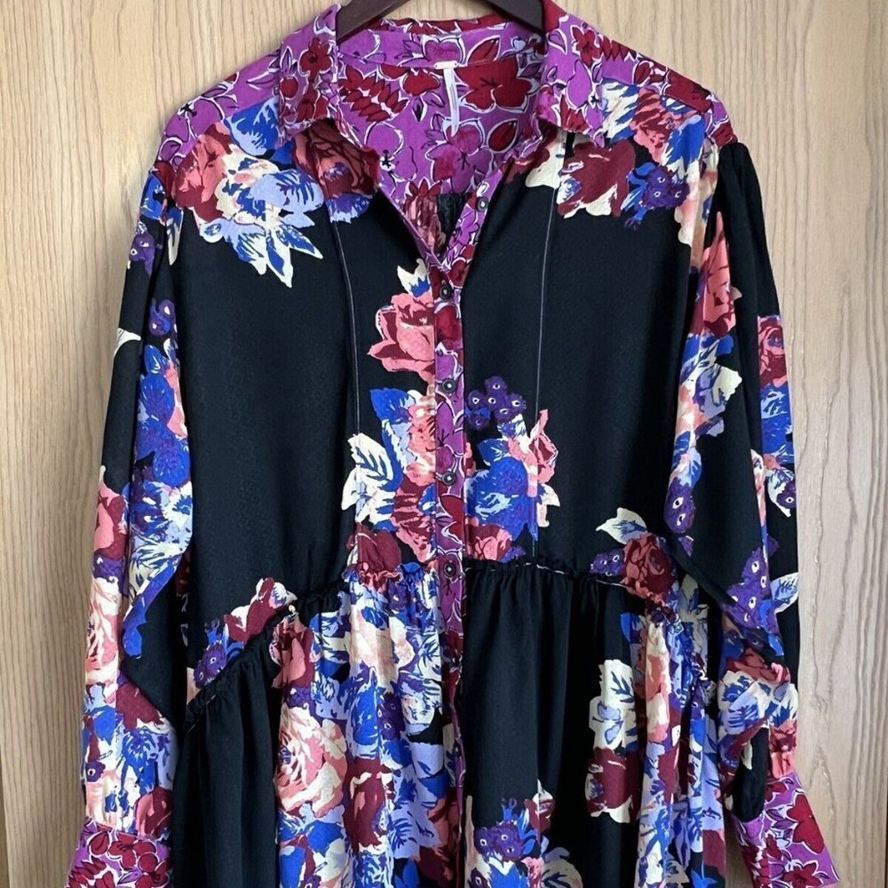 Free People Women's Brunch a Bunch Tunic Button Up Shirt Dress SZ S Deep Combo.